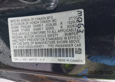 2020 Honda Civic Sport из США, поврежденный, VIN 2HGFC4B83LH304811